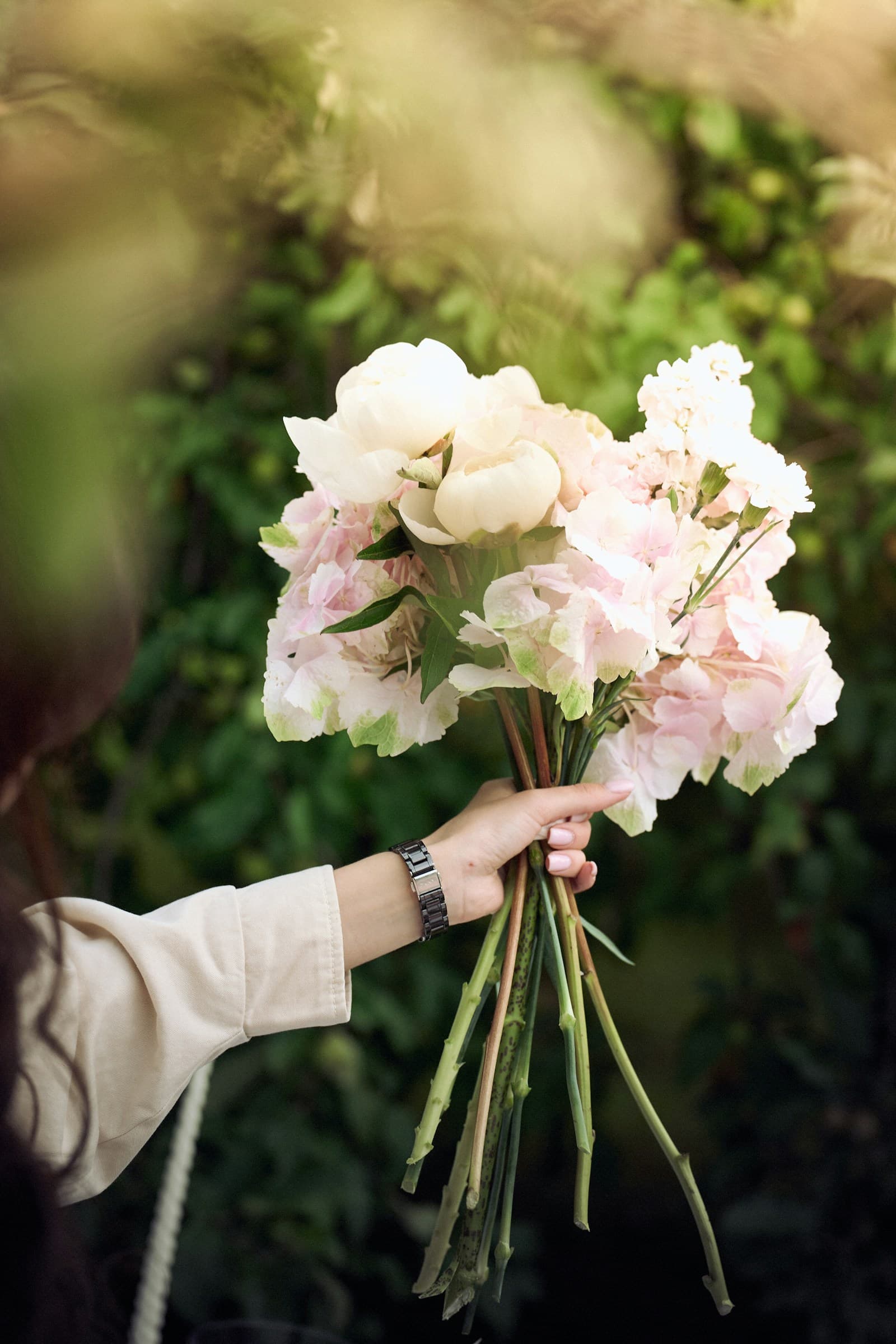 Main tenant un bouquet de pivoines claires devant un feuillage vert.